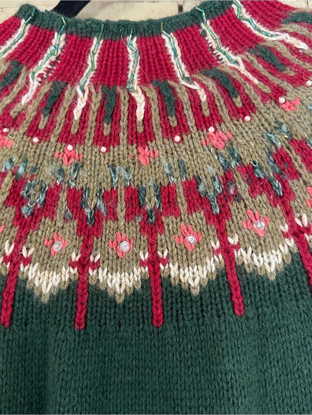 Susan Bristol Angora Blend Fair Isle Beaded Zip Front Cardigan Sweater Green PL - Picture 10 of 10